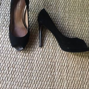 Coach Black suede shoes!!! Get ready for the holidays, open toe, 4 inch heel💃
